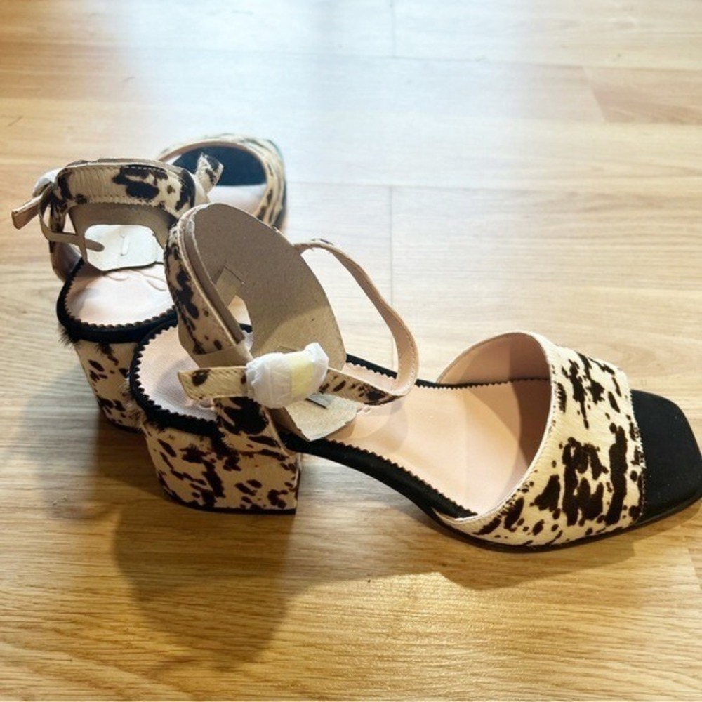 J.Crew Cow Print Calf Hair Block Heel Sandals Square Toe Brown White Womens 8 - Picture 8 of 11